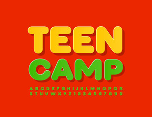 Vector creative poster Teen Camp with bright Font. Modern set of Alphabet Letters and Numbers