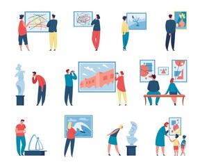 Art gallery visitors looking at paintings, people in museum exhibition. Characters admiring or taking photo of painting or sculpture vector set. Man and woman watching modern and classical exhibits
