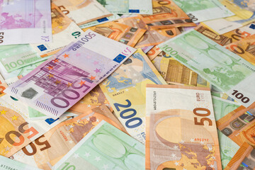 European paper currency. Various Euro banknotes as background image for financial issues.