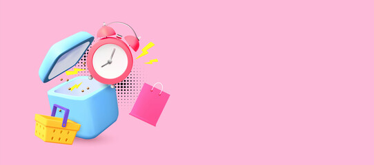 Big sale time. Special offer banner with alarm clock,lightning, gift bags, boxes and coins