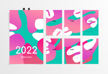 Calendar 2022, Set 6 months start January to June with alternative design cover, week starts on Sunday. Colorful and modern design.