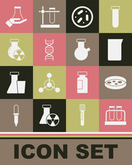 Set Test tube and flask, Petri dish with bacteria, Laboratory glassware or beaker, DNA symbol, radiation, and icon. Vector