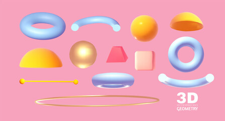 Abstract 3D geometric elements render set. Realistic minimal design