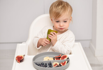 Caucasian blonde toddler eating from silicone plate fresh pear,fruits,berries,having meal on white...