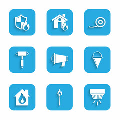 Set Megaphone, Burning match with fire, Smoke alarm system, Fire cone bucket, burning house, Firefighter axe, hose reel and protection shield icon. Vector