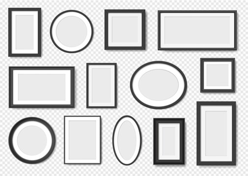 Blank photo frames, modern black frame for pictures or paintings. Empty picture framing in various shapes, wall poster border mockup vector set. Square, oval and round objects for decoration