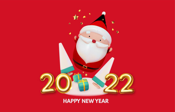Happy New 2022 Year celebration with gold number and Santa Claus 3D render character.