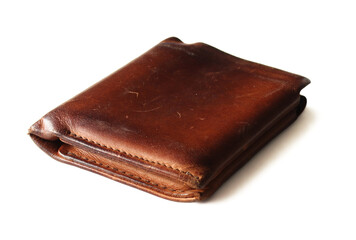 The old wallet brown is empty, no banknotes placed on the white background. Isolated.