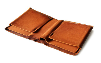 The old wallet brown is empty, no banknotes placed on the white background. Isolate