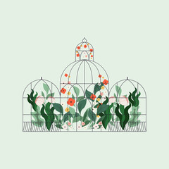 Plants inside glass greenhouse vector background - obrazy, fototapety, plakaty