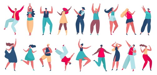 Fototapeta na wymiar Young people dancing, happy characters in dance poses having fun. Men and women dancer characters at club or party celebration vector set. Excited active adults spending leisure time