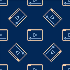 Line Online play video icon isolated seamless pattern on blue background. Film strip with play sign. Vector