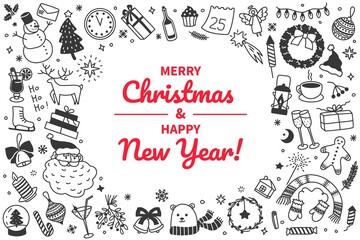 Christmas card with hand drawn doodles, xmas poster template. New year celebration banner with winter holiday decorations vector illustration. Greeting card with seasonal and festive decor