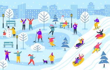 People in winter city park, characters sledding or ice skating. Family making snowman and having fun in wintertime outdoor vector illustration. Children having snowball fight, playing hockey