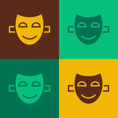 Pop art Comedy theatrical mask icon isolated on color background. Vector
