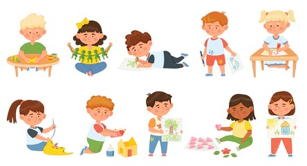 Kids doing creative activities and craft hobbies in art workshop. Cartoon children making paper craft, drawing, sculpting, sewing vector set. Boys and girls having fun, spending leisure