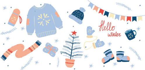 Fototapeta na wymiar Cozy winter clothes and accessories. Colored vector set. All elements are isolated