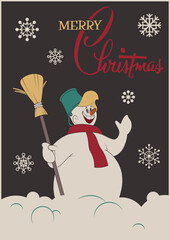 2022 Merry Christmas Greeting Card, Retro Style Illustration, Smiling Snowman with Broom, Snowflakes Background