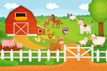 Obraz na płótnie Canvas Cartoon animals living on farm, cow, sheep, chicken. Countryside landscape with barn and animal characters, rural lifestyle vector illustration. Domestic livestock, outdoor landscape