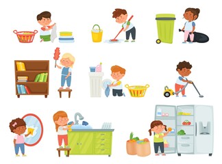 Cartoon kids doing housework, children helping with chores. Boys and girls vacuuming, dusting, washing dishes, mopping floor vector set. Character buying food and filling fridge, doing laundry