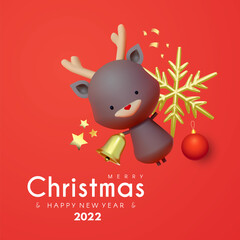Fototapeta na wymiar Merry Christmas and Happy New 2022 Year celebration with 3D Deer character, gold snowflake and bell
