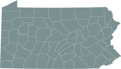 Gray vector administrative map of the Federal State of Pennsylvania, USA with white borders of its counties - obrazy, fototapety, plakaty