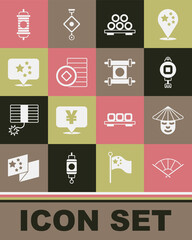 Set Chinese or japanese folding fan, man, paper lantern, Sushi on cutting board, Yuan currency, China flag, and Decree, paper, parchment, scroll icon. Vector
