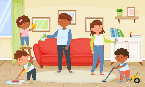 Family cleaning home, children helping parents with housework. Father and mother with kids dusting and vacuuming floor Vector illustration. Boy mopping, girl polishing frames at weekend