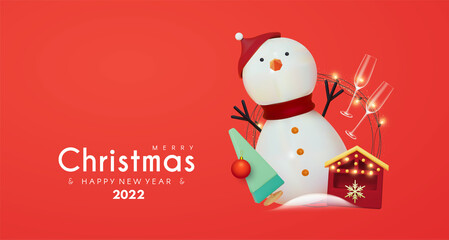 Merry Christmas and Happy New 2022 Year celebration with 3D Snowman character,market stall, champagne glass and fir tree.