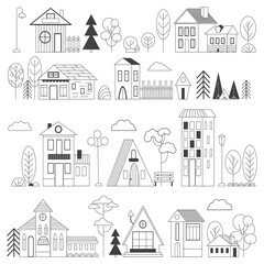 Vector outlined set of modern tiney houses