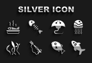 Set Fishing harpoon, Jellyfish, Shark, Tropical, Seaweed, Stingray, Served plate and skeleton icon. Vector