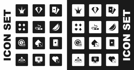 Set Deck of playing cards, Cigar, Joker, Casino slot machine with watermelon, Diamond, Playing spades and chips icon. Vector