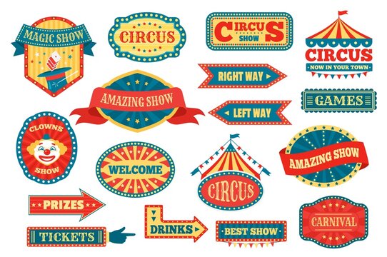 Circus labels and signs, retro fun fair carnival signboards. Vintage amusement park pointers, festival fairground event emblems vector set. Amazing magic show, tickets and prizes arrows