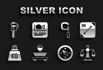 Set Scales, Diagonal measuring, of justice, Compass, Weight, Micrometer, Calliper or caliper and scale and Area measurement icon. Vector