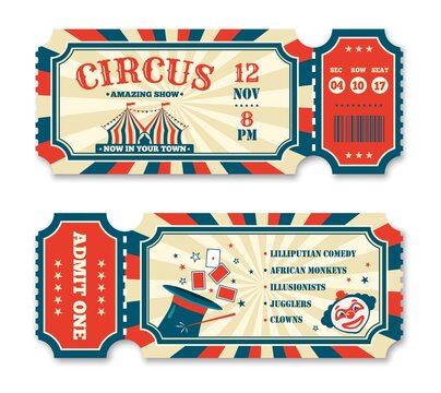 Vintage circus ticket template, old carnival entry tickets. Retro magic show invitation, fairground or amusement park entrance coupon vector set. Comic performances with jugglers, illusionists