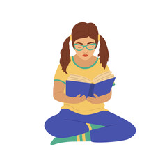 Child with book. A young girl sitting and reading. Schoolgirl preparing for the exam.  literature fan. Vector illustration