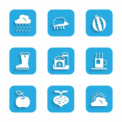 Fototapeta premium Set Farm house, Beet, Sun and cloud weather, Cup of tea with tea bag, Apple, Waterproof rubber boot, Watermelon and Cloud rain icon. Vector