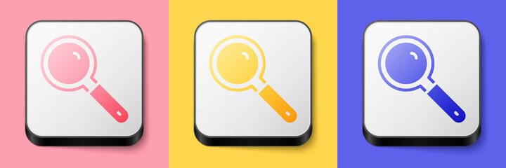 Isometric Magnifying glass icon isolated on pink, yellow and blue background. Search, focus, zoom, business symbol. Square button. Vector