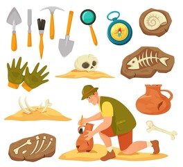 Cartoon archeology elements and equipment, archaeologist at work. Archeological expedition tools, ancient vase, fossils and bones vector set. Male character searching and excavating artifacts © Frogella.stock