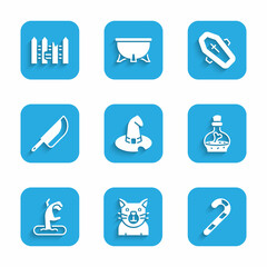 Set Witch hat, Cat, Christmas candy cane, Bottle with potion, Zombie hand, Knife, Coffin cross and Garden fence wooden icon. Vector