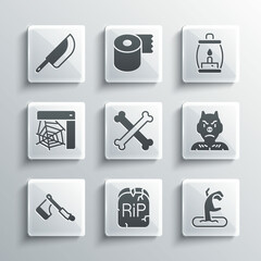 Set Tombstone with RIP written, Zombie hand, Krampus, heck, Crossed bones, Wooden axe, Spider web, Knife and Camping lantern icon. Vector