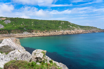 Obraz premium Lamorna Cove Beach panorama in south Cornwall. United Kingdom 