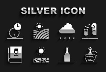 Set Drought, Sommelier, Wine in italian fiasco bottle, Bottle of wine, Book about, Cloud with rain, Wooden barrel for and Vineyard grapes icon. Vector