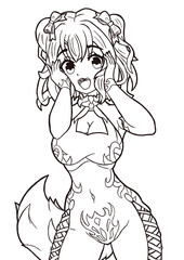 cute anime manga girl with a fluffy fox tail in tight clothes very surprised the picture is made with lines