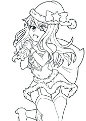 cute anime manga girl in a red santa claus costume with a naked belly and stockings with a bag of gifts christmas picture new year holiday christmas tree the picture is made with lines