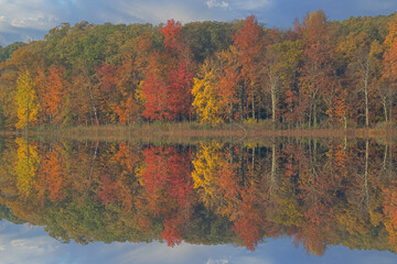 Autumn landscape of the shoreline of Deep Lake with mirrored reflections in calm water, Yankee Springs State Park, Michigan, USA