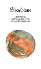Illustration of watercolor bloodstone stone with streaks effect. A cut of orange and green mineral. A gemstone slice. Deposits of bloodstone stone