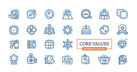 Vector Core values icon set with color modern symbol of corporative loyalty, optimism, honesty for business company