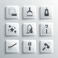 Set Toilet brush, Vacuum cleaner, Hanger wardrobe, Brush for cleaning, Home service, Washing dishes and Dishwashing liquid bottle icon. Vector