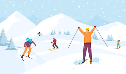 Happy man and woman ride skis in Alps. Winter mountain landscape with skiers. Blue sky, tops of rocks on background. Winter sport activities. Skiing resort. Vector illustration